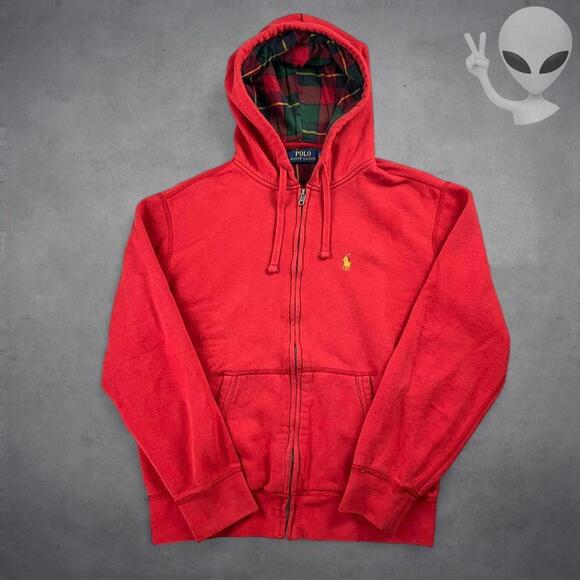 Polo Ralph Lauren Zip Hoodie Small Red Plaid Lined Vintage Jacket Y2K Gold Pony - Picture 2 of 6
